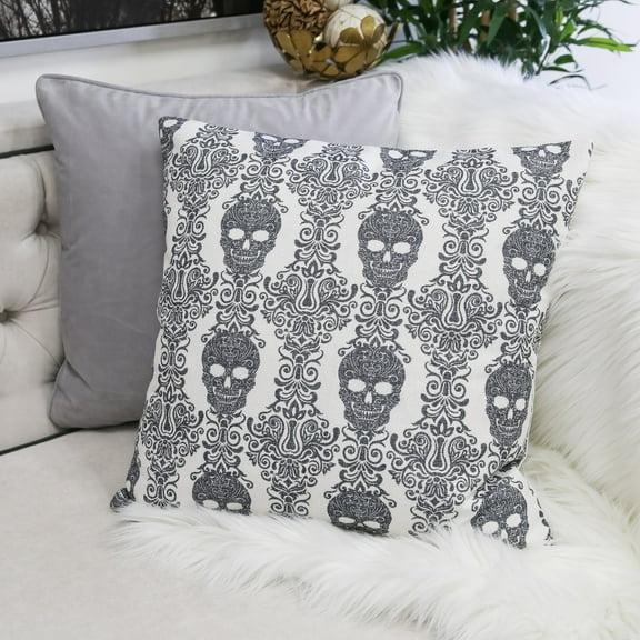 Gothic Damask Skull Throw Pillow  Black & White Cotton Linen