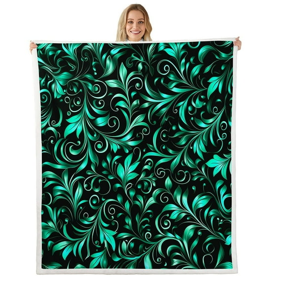 Gothic Damask Throw Blanket Boho Black Teal Goth Floral Fleece Bed Blanket 30"X40" Vintage Victorian Baroque Sherpa Blanket For Adults Bohemian Exotic Paisley Fuzzy Blanket