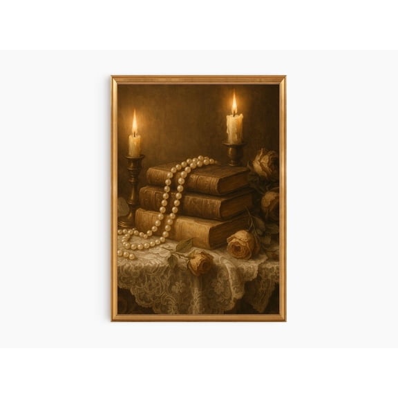 Gothic Dark Academia Still Life Poster: Antique Books & Roses, Unframed Poster Size 8x12