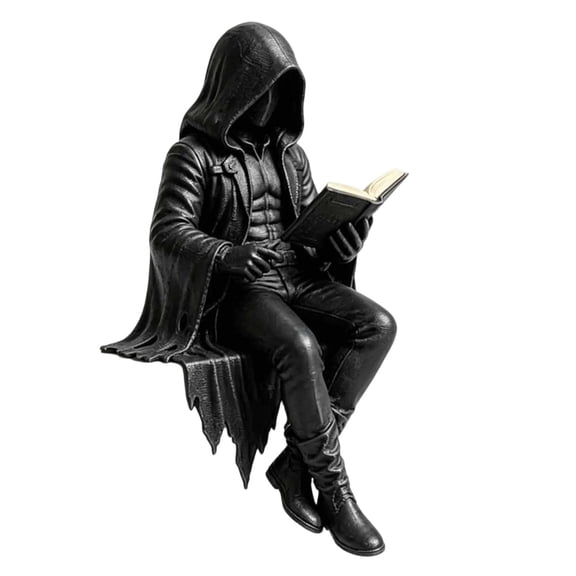 Gothic Dark Aesthetic Hooded Reaper Figurine 2026 New Resin Sitting Book Reader Statue for Desk Bookshelf Dark Fantasy Decor