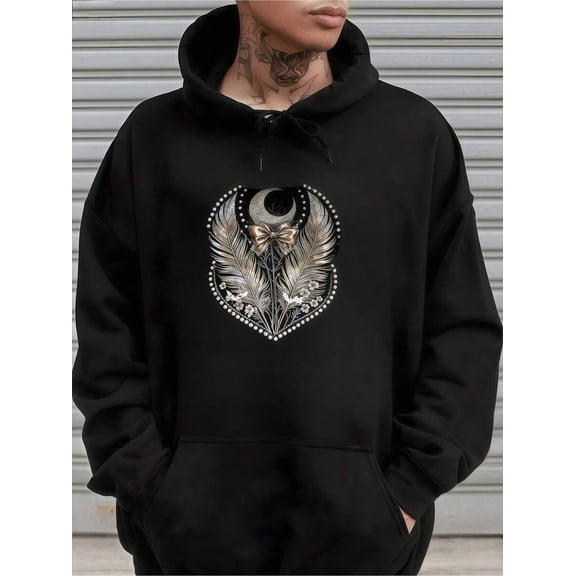 Gothic Dark Aesthetic Hoodie For Men , Vintage Moon & Feathers With Bow   Pearl Detailing Pullover, Oversized Streetwear Black Hooded Sweatshirt For Halloween & Casual Outfits
