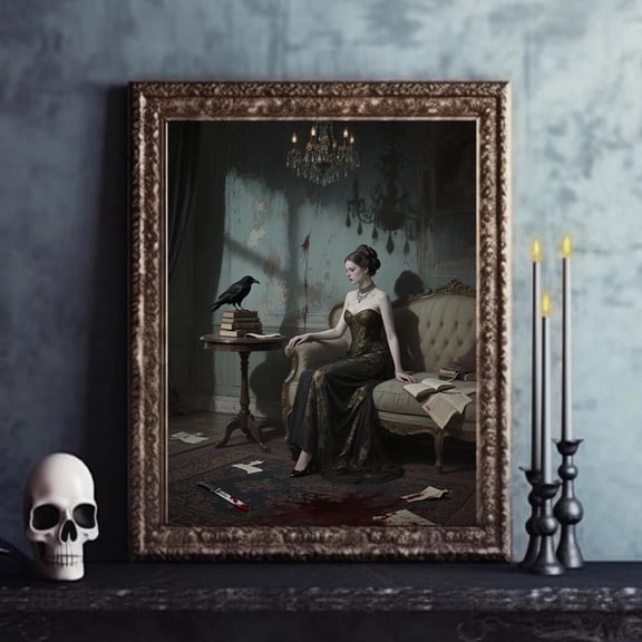 Gothic Dark Art Poster Elegant Woman, Raven & Vintage Library Home Decor, 16x24 UNFRAMED