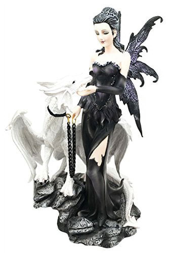 Gothic Dark Fairy Sorceress With Chained White Young Dragon