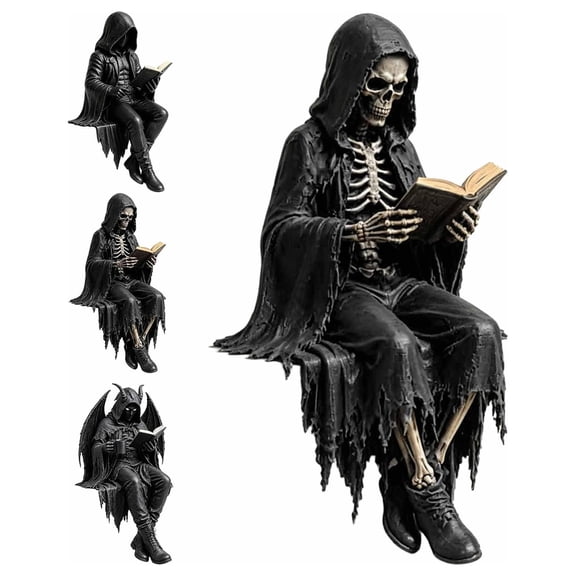 Gothic Dark Fantasy Figure, Dark Fantasy Reading Skeleton Figure, Skeleton Reading Book Statue for Library, Office, Study Room, Collector Display (#1 Set)