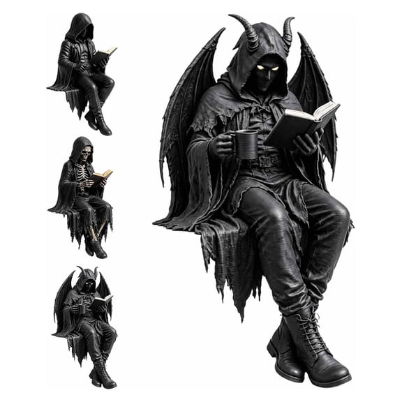 Gothic Dark Fantasy Figure, Dark Fantasy Reading Skeleton Figure, Skeleton Reading Book Statue for Library, Office, Study Room, Collector Display (#1 Set)