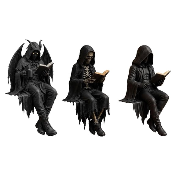 Gothic Dark Fantasy Figure, Dark Fantasy Reading Skeleton Figure, Skeleton Reading Book Statue for Library, Office, Study Room, Collector Display (#1 Set)