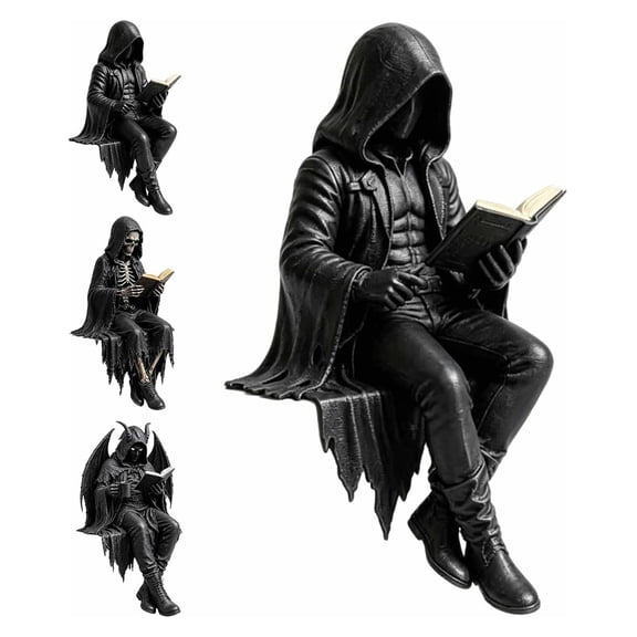 Gothic Dark Fantasy Figure, Dark Fantasy Reading Skeleton Figure, Skeleton Reading Book Statue for Library, Office, Study Room, Collector Display (#1 Set)