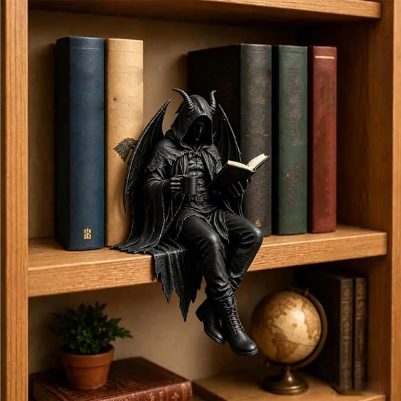 Gothic Dark Fantasy Reading Figure, Hooded Reaper Skeleton Demon Resin Figurine, Sitting Book Reader Statue