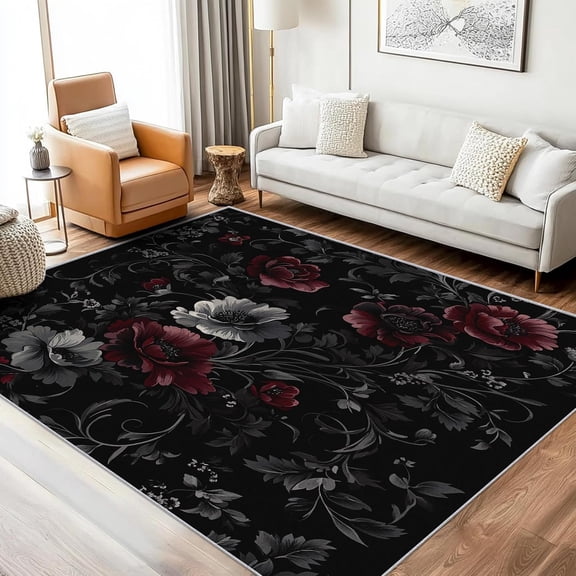 Gothic Dark Floral Area Rugs, Black Flower Pattern Carpet, Washable Non Slip Low Pile Soft Rug for Living Room Bedroom Home Office Decor Mat 5x8ft