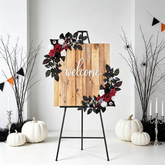 Gothic Dark Red Halloween Artificial Flower Swag Set of 2, 25.59 Inch Symmetrical Floral Bouquet for Wedding Welcome Sign Decor