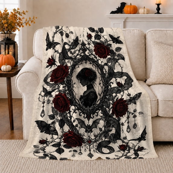 Gothic Dark Romance Portrait Crimson Roses Black Bats, Dramatic Botanical Scene, Warm Flannel Blanket for Sunroom and Reading Nook, Garden Lovers Valentine's Day Gift, Botanical Home Decor