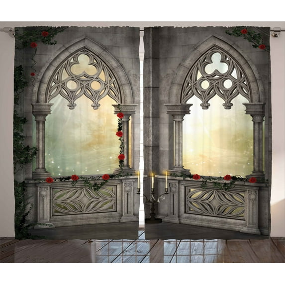 Ambesonne Gothic Curtains 2 Panel Set, Oriental Rose and Flower, 108" x 84", Beige