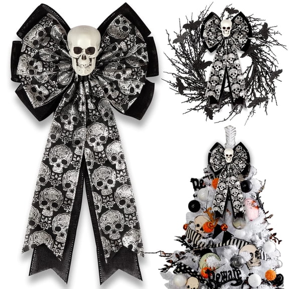 Gothic Decor,Halloween Bows for Wreaths Decorations, Halloween Tree Topper Bow, Decorative Bow with Skull Glitter Silver Black Burlap for Fall Home Front Door Outdoor