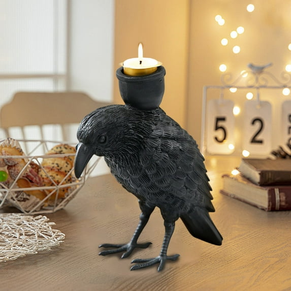 Gothic Decor Halloween Decorations Indoor Vintage Black Crow Light Holder Raven Lamp Tealight Candle Holder Resin Statue