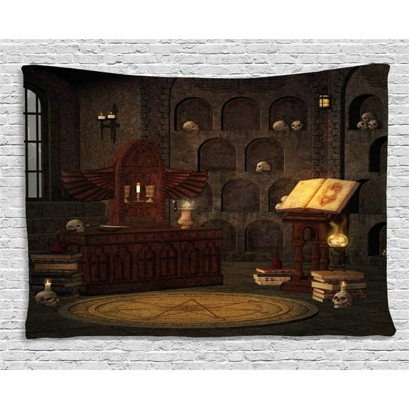 Gothic Decor Tapestry, Chamber of Secret Rite with Skulls on the Wall Sacred Sorcery Spell Image, Wall Hanging for Bedroom Living Room Dorm Decor, 60W X 40L Inches, Brunette Brown, by Ambesonne