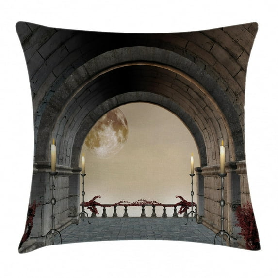 Gothic Decor Throw Pillow Cushion Cover, Middle Age Balcony of Stone Castle with Candles Renaissance Inspired Vintage Design, Decorative Square Accent Pillow Case, 20 X 20 Inches, Grey, by Ambesonne