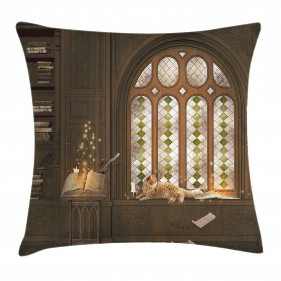 Gothic Decor Throw Pillow Cushion Cover, Room for Study in Medieval Library with Cat Sleeping on Window Antique Mansion, Decorative Square Accent Pillow Case, 16 X 16 Inches, Taupe, by Ambesonne