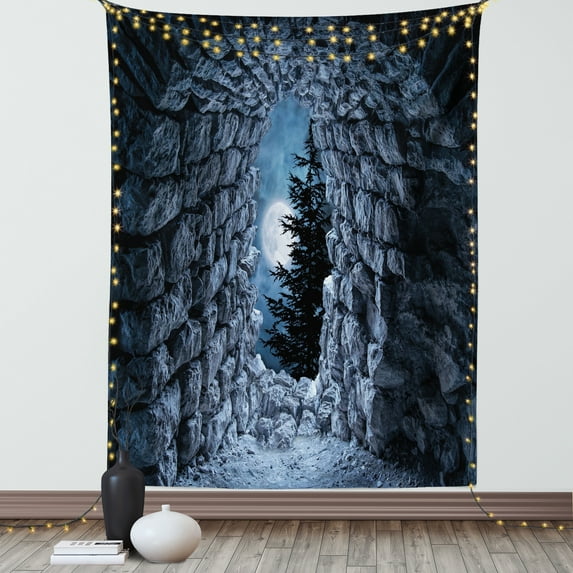 Gothic Decor Wall Hanging Tapestry, Dark Cave with the Light of Full Moon at Night Scary Horror Medieval Gothic Theme Artwork, Bedroom Living Room Dorm Accessories, 60 X 80 Inches, by Ambesonne