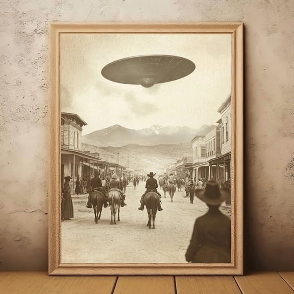 Gothic Decoration Wild West Vintage Alien Close Encounter Wall Art, Cowboys and Aliens Dark Academia Dark Art, Alien Art Decor, Antiqued Art