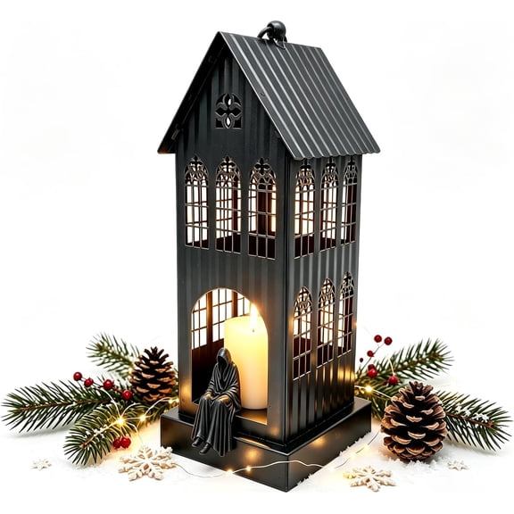 Gothic Decorative Candle Lantern, 4x4x10 Inch Black Metal Candle Holder, Dual-Use Tabletop & Hanging Lantern for Home, Patio, Garden, Wedding, Party Decor,Unique,Functional Decor As a Gift