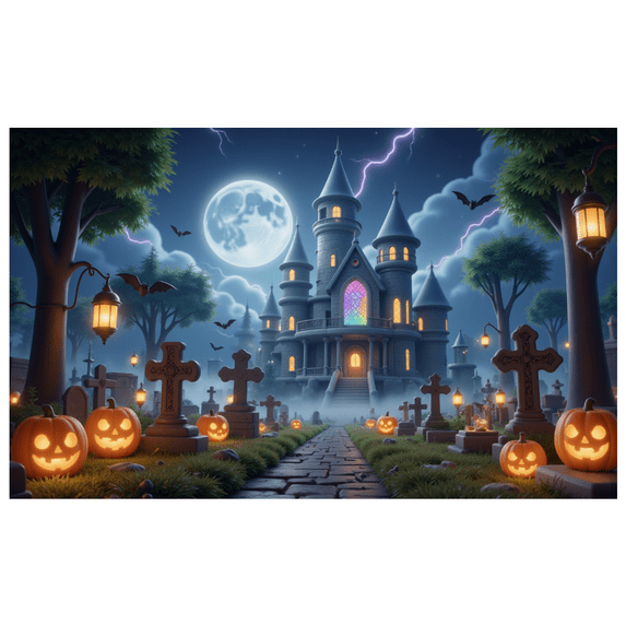 Gothic Design Halloween Banner Spooky Castle Jack O Lantern Decorative Spooky Scene Pumpkin for Halloween Party Yard Decor