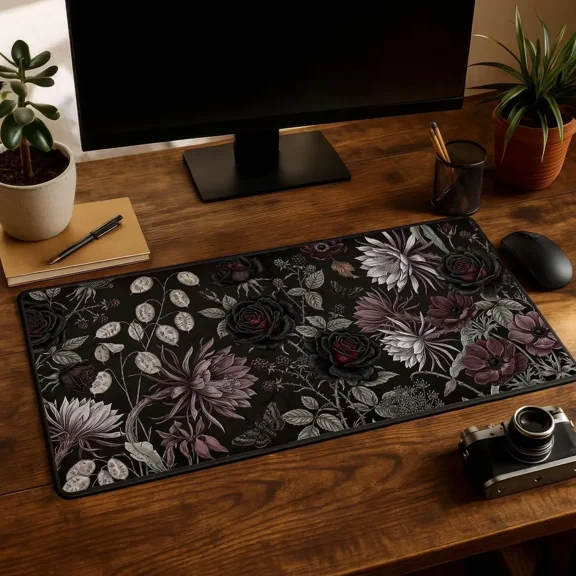 Gothic Desk Mat Dark Floral Black Rose Macabre Botanical Gaming Office Decor Spooky Aesthetic Mouse Pad Playmat