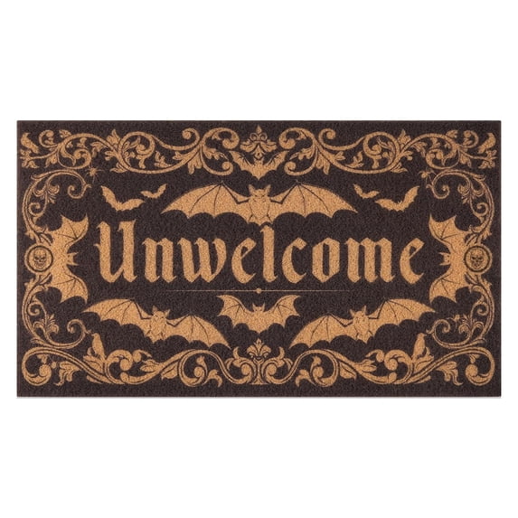 Gothic Door Mat, Unwelcome Halloween Decor – 29.5" x 17" Bat Print Coir Doormat for Porch & Entryway