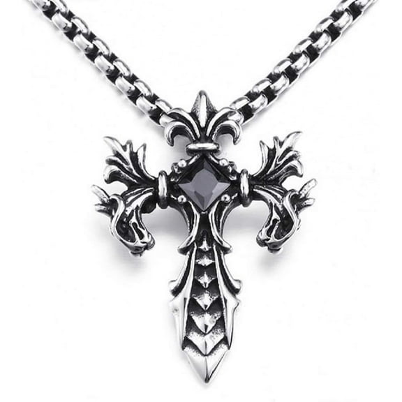 Gothic Double Dragon Cross Necklace For Men, Punk Dragon Sword Necklace Stainless Steel Dragon Cross Pendant Necklace