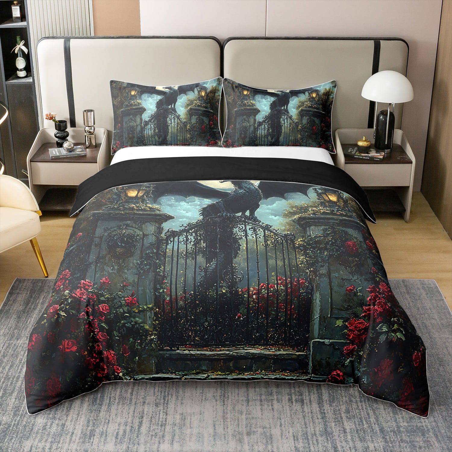Gothic Dragon 100% Cotton Duvet Cover Queen Size, Goth Rose Flower Castle Comforter Cover For ...