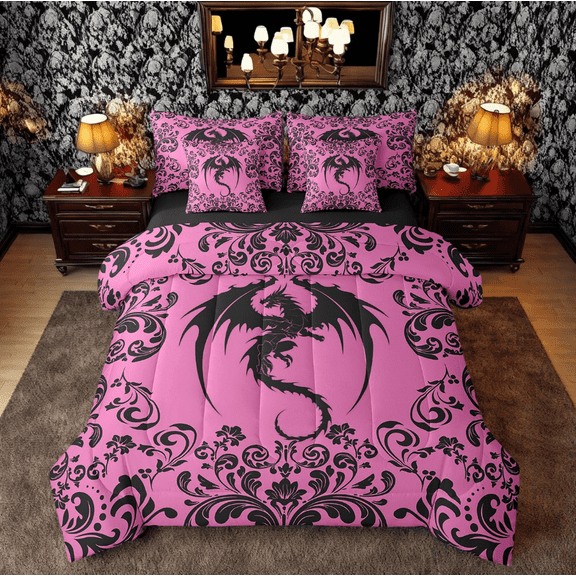 Gothic Dragon 7 Piece Bedding Set With Sheets Queen Boho Goth Pink Black Damask Comforter Set Bohemian Floral Animal Bed In A Bag For Women Retro Baroque Dragon Bed Set