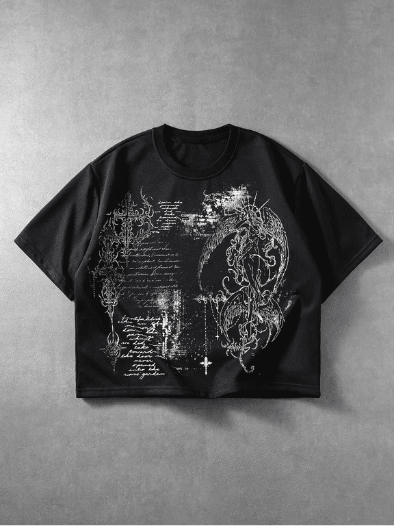 Gothic Dragon And Cross Script Print Vintage Grunge Y2K Short Sleeves Crewneck Cotton Unisex Men's Women's Tee Shirt