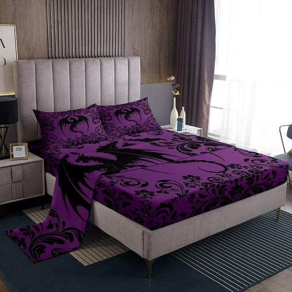 Gothic Dragon Bed Sheets Twin Boho Goth Purple Black Damask Sheet Set Adults Men Women Bohemian Exotic Floral Animal Sheets Retro Baroque Dragon 1 Fitted Sheet 1 Flat Sheet 1 Pillow Case