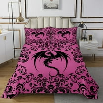 Gothic Dragon Bedspread Set Twin Boho Goth Pink Black Damask Quilt Set Bohemian Exotic Floral Animal Coverlet Set For Teen Adults Women Retro Baroque Dragon Bedding Set 2 Pcs