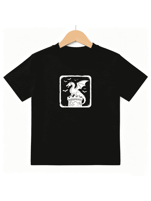 Gothic Dragon Castle Silhouette Boys Graphic Tee, Cool Halloween 100% Cotton Kids Short Sleeve T-Shirt 4-13Y