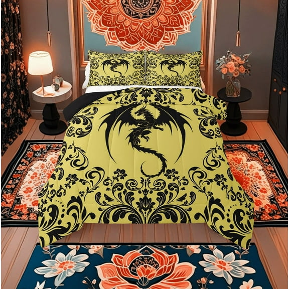 Gothic Dragon Comforter Set Full Goth Gold Black Damask Bedding Set Adults Men Bohemian Exotic Floral Animal Bedding Comforter Sets Retro Victorian Baroque Dragon Bed Set 3 Pcs
