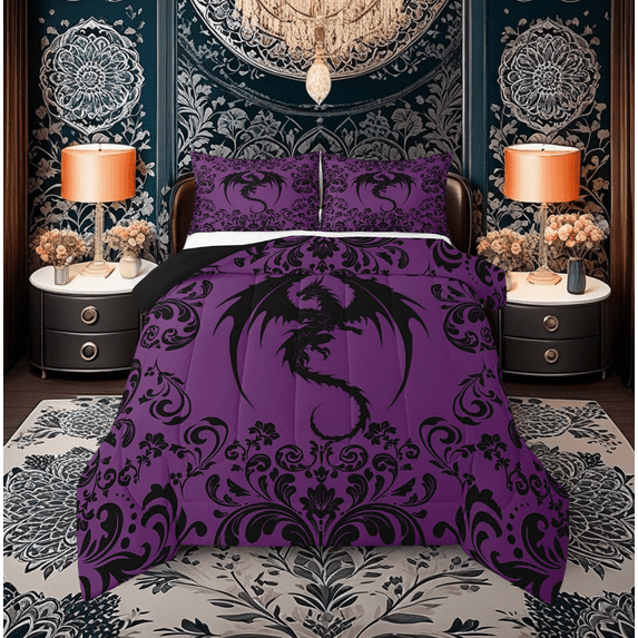 Gothic Dragon Comforter Set Queen Boho Goth Purple Black Damask Bedding Set Adults Men Women Bohemian Exotic Floral Animal Bedding Comforter Sets Retro Baroque Dragon Quilt Set