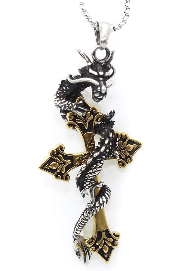 Gothic Dragon Cross Necklace For Men, Gold Dragon Sword Necklace Hip Hop Silver Dragon Cross Pendant Necklace