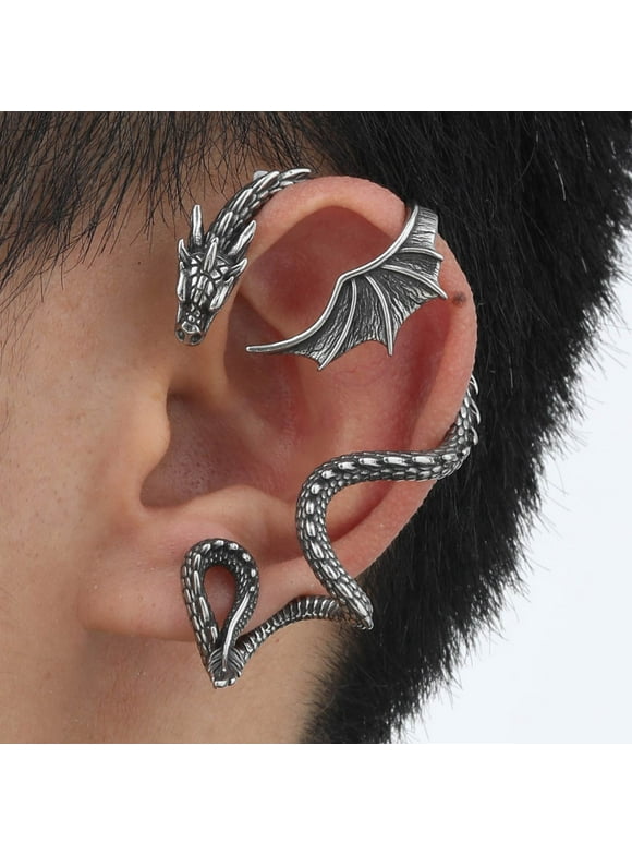 Gothic Dragon Ear Cuff Earring for Men, 1Pcs Retro Silver Punk Hip Hop Stainless Steel Snake Dragon Cuff Earrings, Cartilage Wrap Ear Stud Earrings