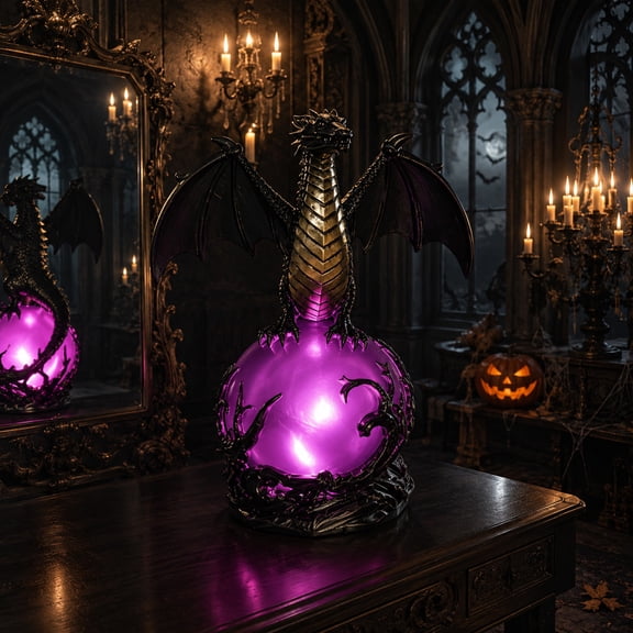 Gothic Dragon Figurine Night Light, Purple Glowing Globe Lamp, Fantasy Resin Statue Decor, Spooky Desktop Ornament, Collectible Fantasy Art Gift