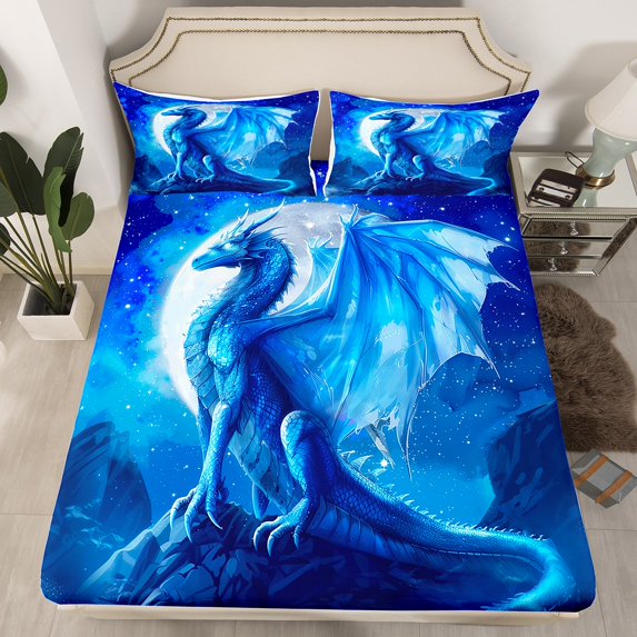 Gothic Dragon Fitted Sheet Blue Galaxy Moon Sheets,Goth Mythical Animals Bed Sheets Full,Exotic Wildlife Bedding Set,Boho Room Decor,(No Top Sheet)