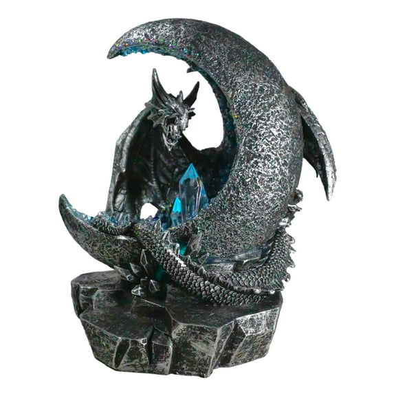 Gothic Dragon Guarding Crescent Moon with Faux Geode LED Crystals Figurine