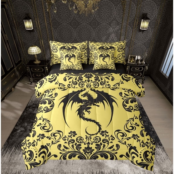Gothic Dragon King Comforter Set 7 Piece Goth Gold Black Damask Bedding Set With Sheets Adults Bohemian Exotic Floral Animal Bed In A Bag Retro Victorian Baroque Dragon Bed Set