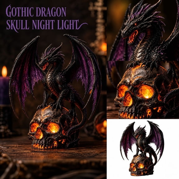 Gothic Dragon LED Crystal Ball Lamp for Dark Aesthetic Decor, Fantasy Resin Dragon Night Light, Witchy Table Lamp, USB Powered Mystic Orb Light for Bedroom Shelf Altar Halloween Decoration
