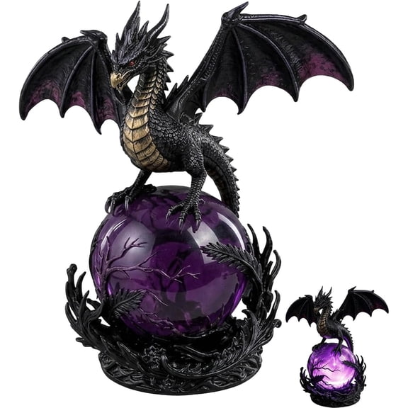 Gothic Dragon LED Crystal Ball Lamp, Dragon Night Light for Bedroom, Living Room, Fantasy Resin Dragon Statue Dark Aesthetic Decor, Halloween Home Decor