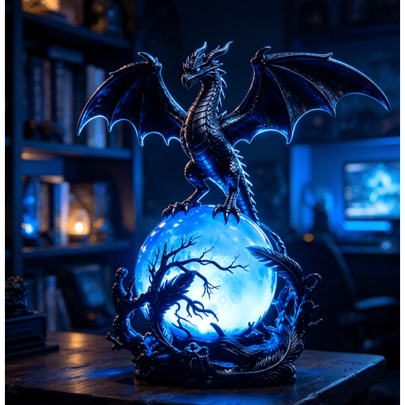 Gothic Dragon LED Crystal Ball Lamp, Fantasy Resin Dragon Night Light, USB Powered, Medieval Winged Sculpture Dark Aesthetic Decor for Bedroom Shelf Altar Halloween, Novelty Birthday Gift, 6.5"