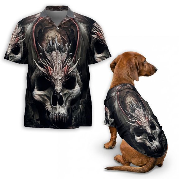 Gothic Dragon Mutated Skull Hawaiian Shirt, Dark Fantasy Button Down Shirt for Adults or Dogs, Cuban Collar, Short Sleeve Polyester Summer Shirt