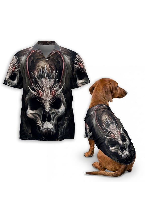 Gothic Dragon Mutated Skull Hawaiian Shirt, Dark Fantasy Button Down Shirt for Adults or Dogs, Cuban Collar, Short Sleeve Polyester Summer Shirt