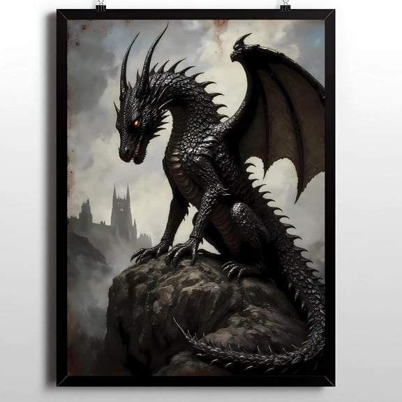 Gothic Dragon Poster Wall Art, Dark Fantasy Creature Poster in Medieval Style, Atmospheric Cliff Scene with Stormy Sky, Size 8x12 UNFFRAMED F03.1.7l2851