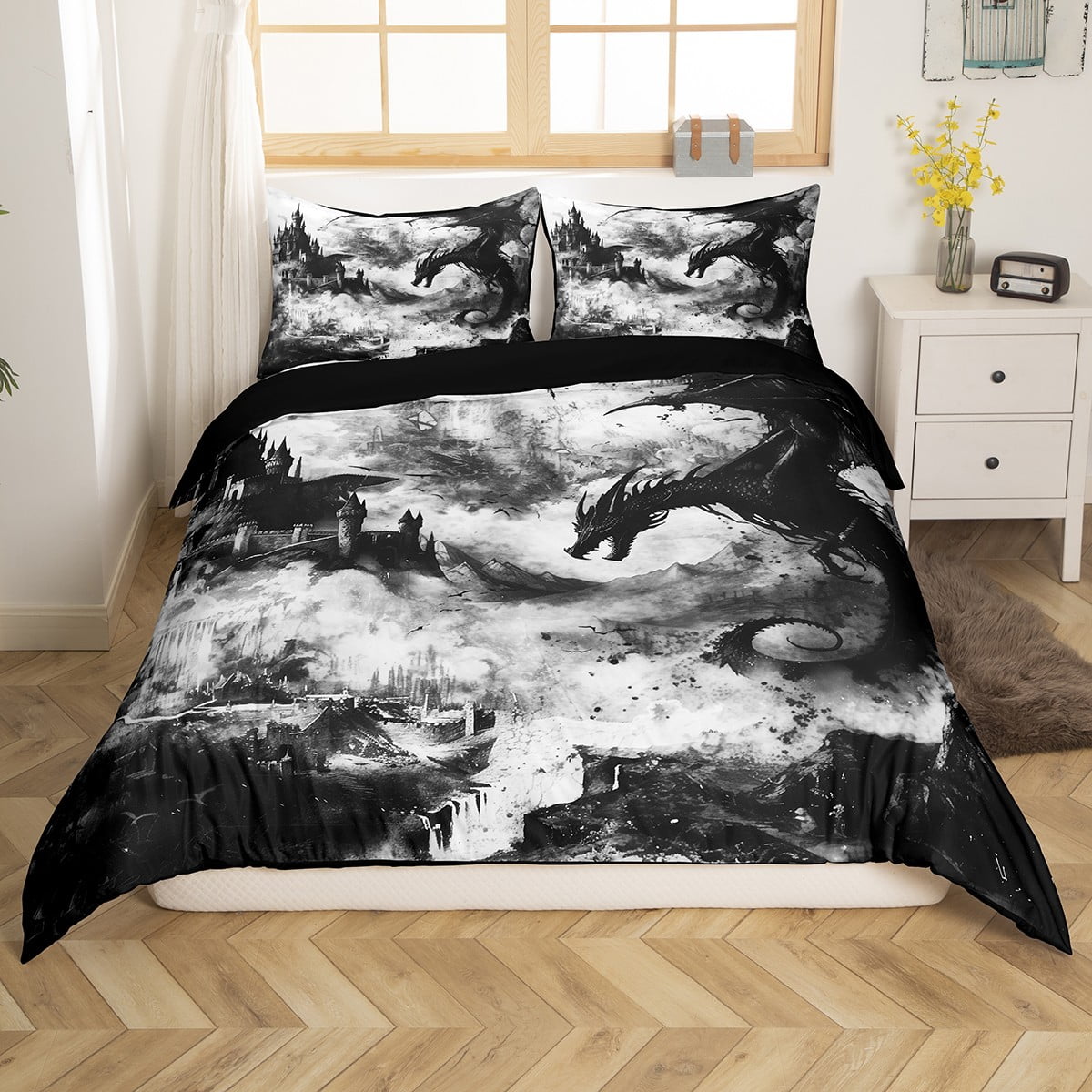 Gothic Dragon Queen Bedding Sets for Boys,Black and White Vintage