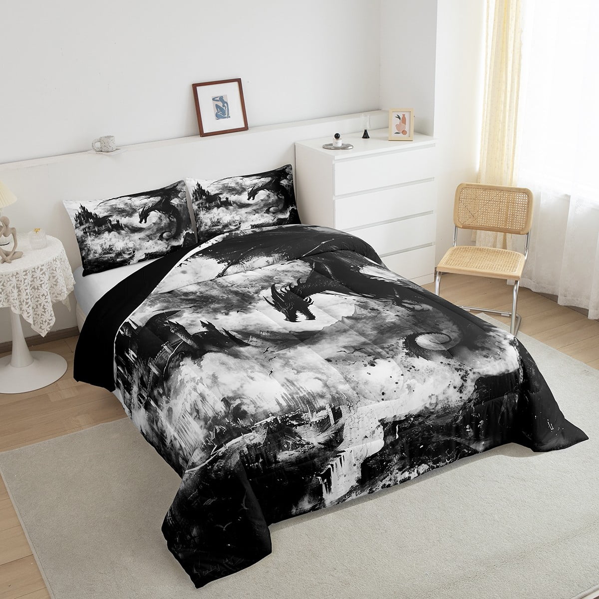 Gothic Dragon Queen Bedding Sets for Boys,Black and White Vintage